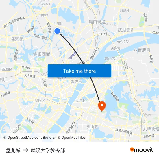 盘龙城 to 武汉大学教务部 map