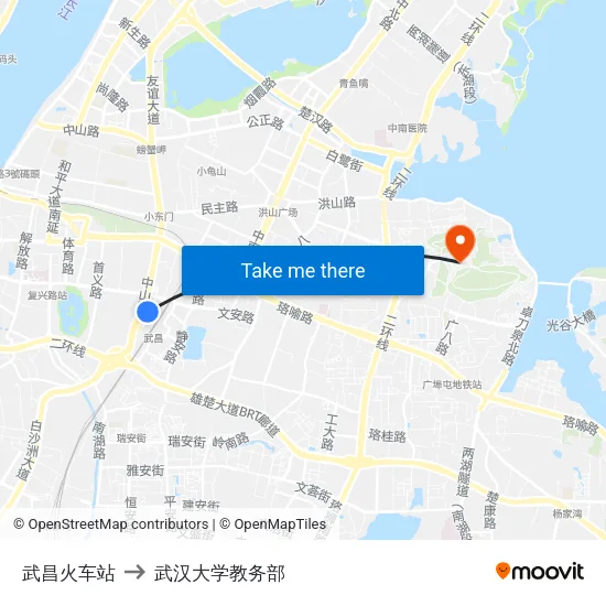 武昌火车站 to 武汉大学教务部 map