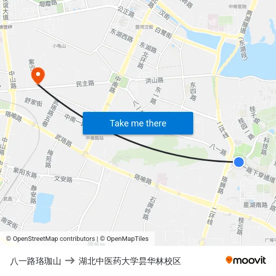 八一路珞珈山 to 湖北中医药大学昙华林校区 map