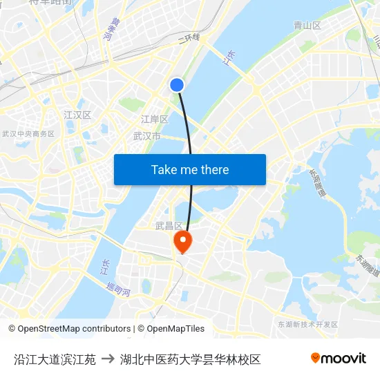 沿江大道滨江苑 to 湖北中医药大学昙华林校区 map