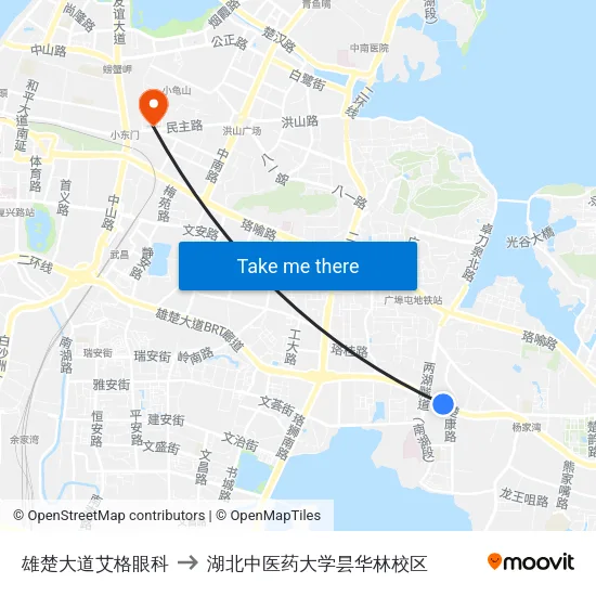 雄楚大道艾格眼科 to 湖北中医药大学昙华林校区 map