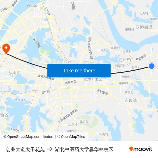 创业大道太子花苑 to 湖北中医药大学昙华林校区 map
