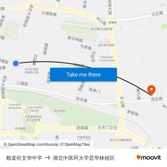 粮道街文华中学 to 湖北中医药大学昙华林校区 map
