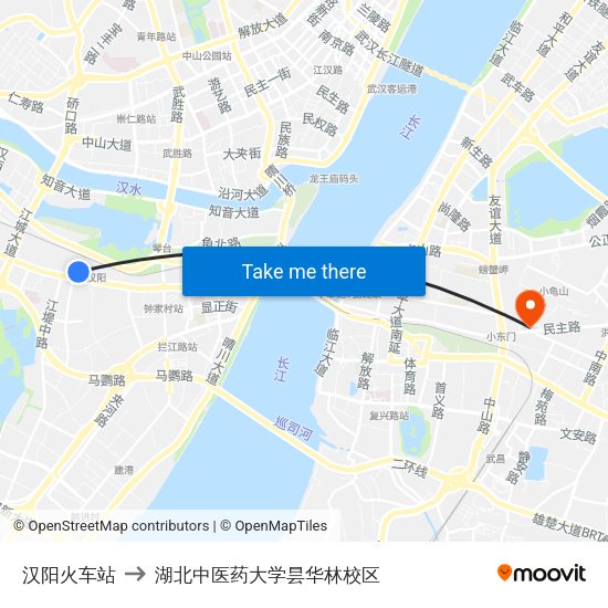 汉阳火车站 to 湖北中医药大学昙华林校区 map