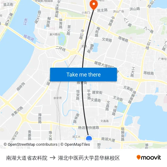 南湖大道省农科院 to 湖北中医药大学昙华林校区 map