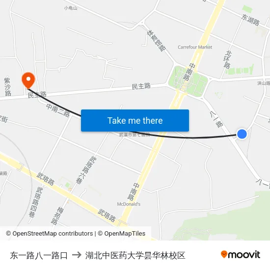 东一路八一路口 to 湖北中医药大学昙华林校区 map