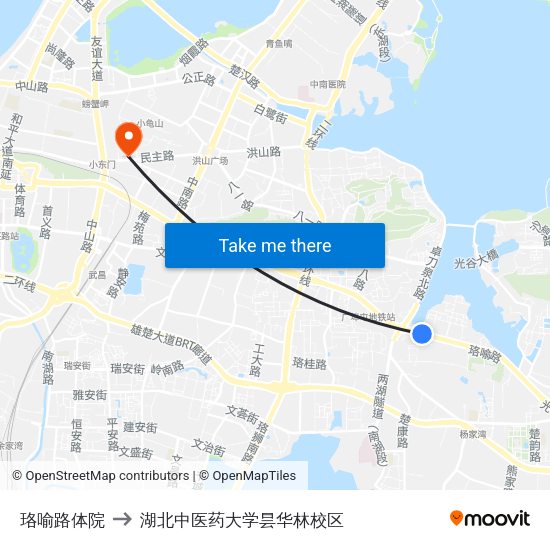 珞喻路体院 to 湖北中医药大学昙华林校区 map