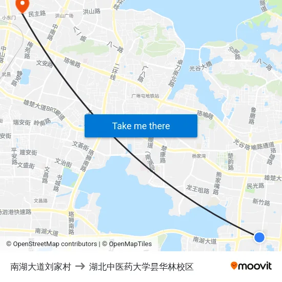 南湖大道刘家村 to 湖北中医药大学昙华林校区 map