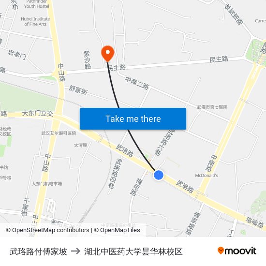 武珞路付傅家坡 to 湖北中医药大学昙华林校区 map