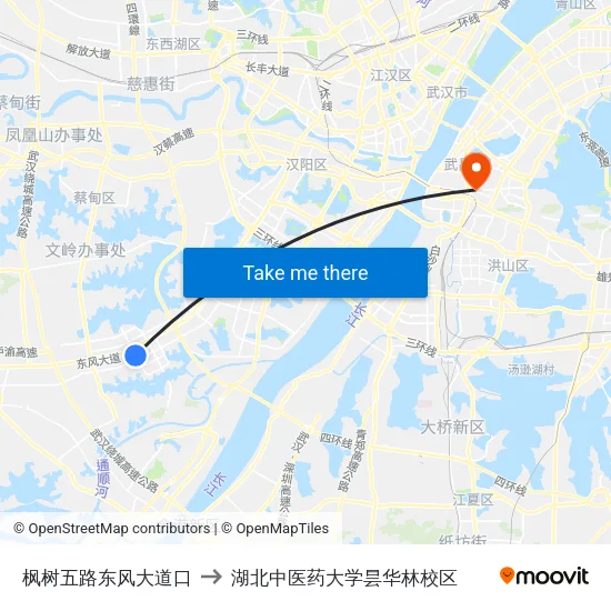 枫树五路东风大道口 to 湖北中医药大学昙华林校区 map