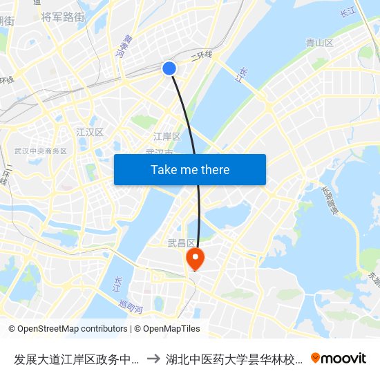 发展大道江岸区政务中心 to 湖北中医药大学昙华林校区 map