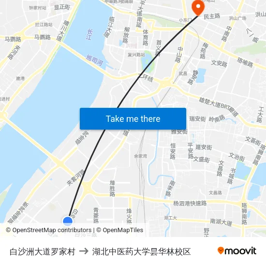 白沙洲大道罗家村 to 湖北中医药大学昙华林校区 map