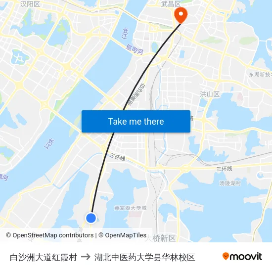 白沙洲大道红霞村 to 湖北中医药大学昙华林校区 map