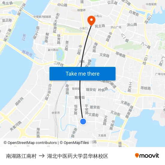 南湖路江南村 to 湖北中医药大学昙华林校区 map