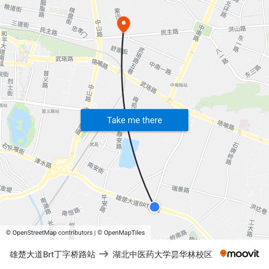 雄楚大道Brt丁字桥路站 to 湖北中医药大学昙华林校区 map