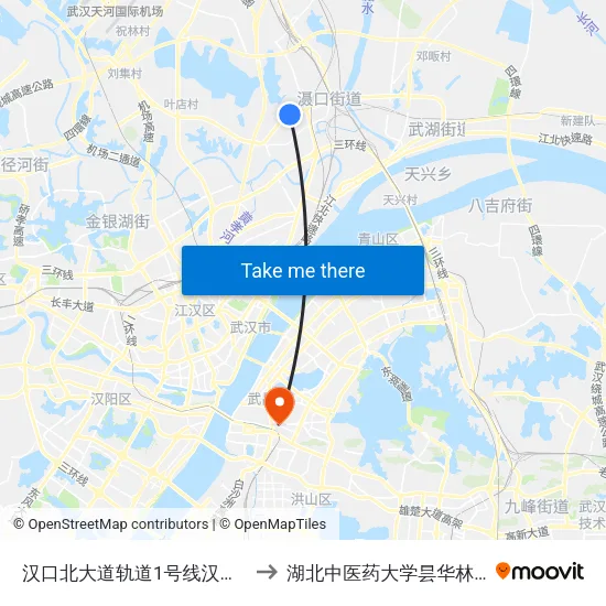 汉口北大道轨道1号线汉口北站 to 湖北中医药大学昙华林校区 map