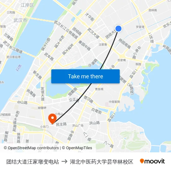 团结大道汪家墩变电站 to 湖北中医药大学昙华林校区 map