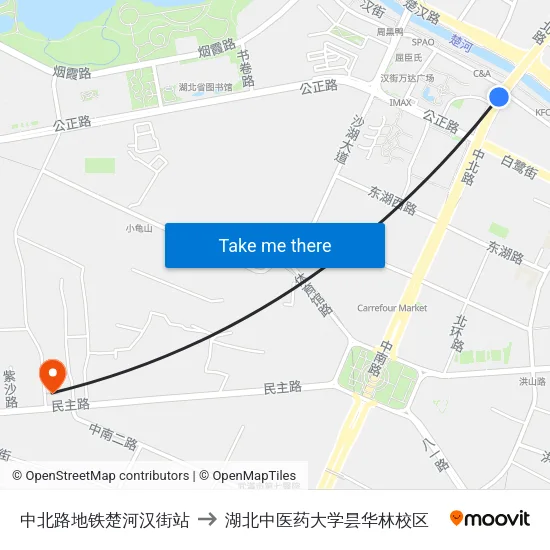中北路地铁楚河汉街站 to 湖北中医药大学昙华林校区 map