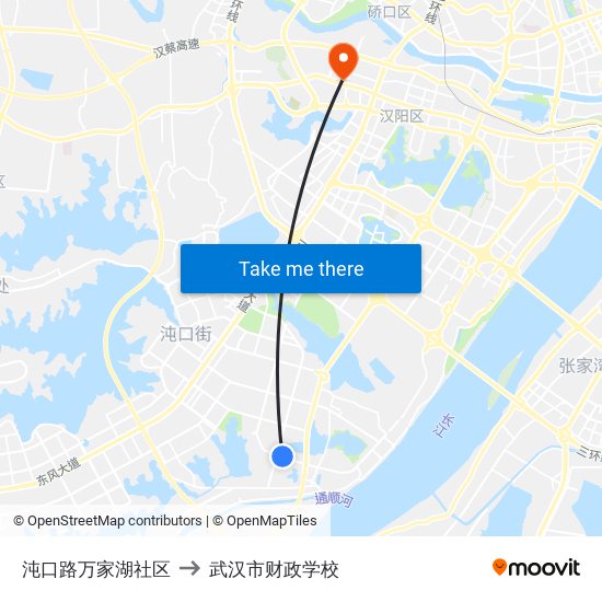 沌口路万家湖社区 to 武汉市财政学校 map