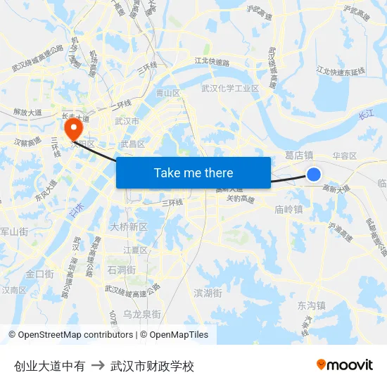 创业大道中有 to 武汉市财政学校 map