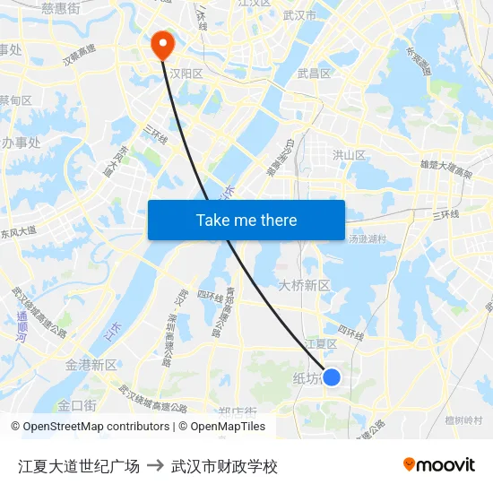 江夏大道世纪广场 to 武汉市财政学校 map