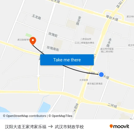 汉阳大道王家湾家乐福 to 武汉市财政学校 map