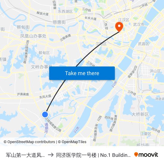 军山第一大道凤凰村(军山大道) to 同济医学院一号楼 | No.1 Building of Tongji Medical College map