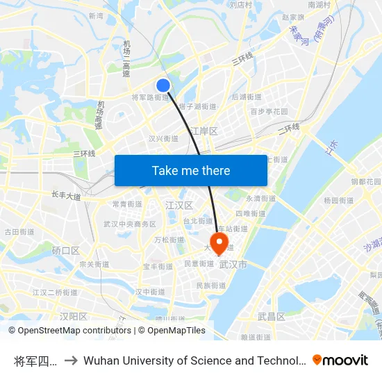Jiangjun 4th Road to Wuhan University of Science and Technology map
