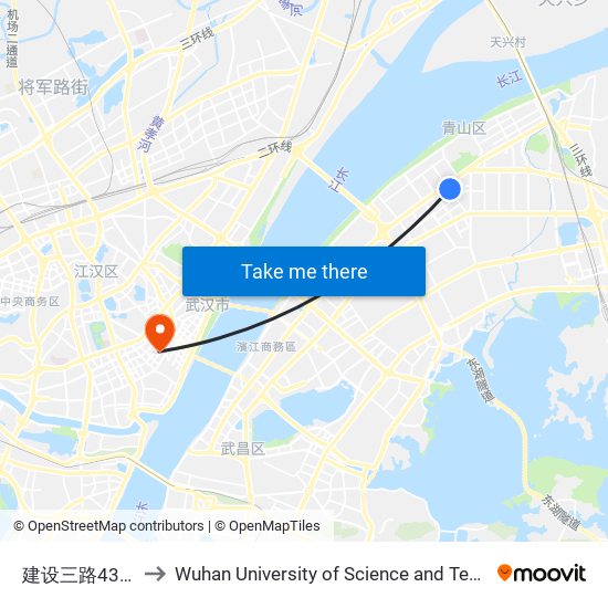 建设三路43街坊 to Wuhan University of Science and Technology map