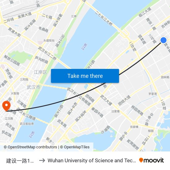 建设一路121街 to Wuhan University of Science and Technology map