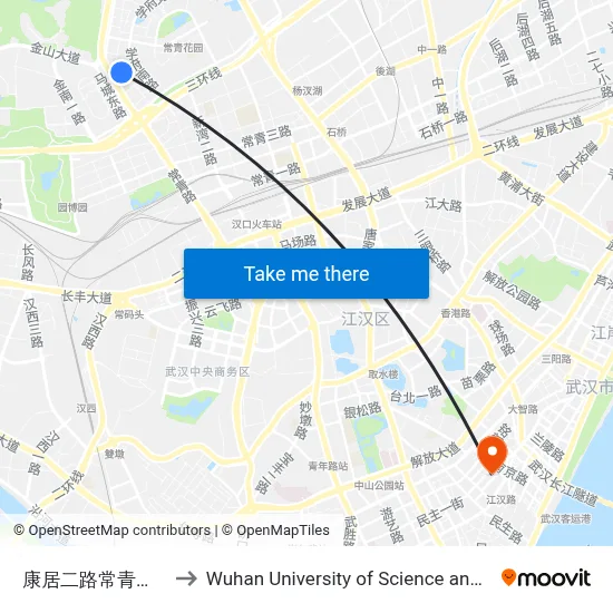 康居二路常青第一学校 to Wuhan University of Science and Technology map