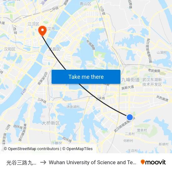 Guanggu 3rd Road Jiufu Village to Wuhan University of Science and Technology map