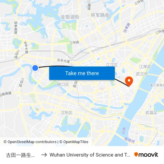 Gutian 1st Road Fresh Market to Wuhan University of Science and Technology map