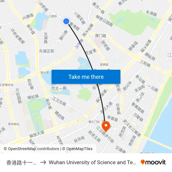 Hongkong Road No.11 Hospital to Wuhan University of Science and Technology map