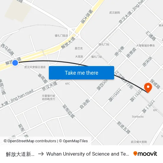 Jiefang Avenue & Xinhua Road to Wuhan University of Science and Technology map