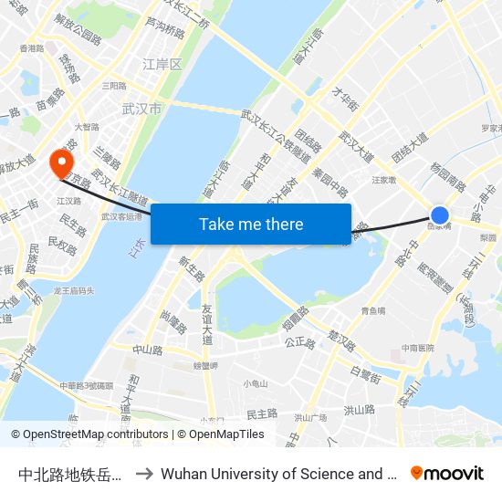 中北路地铁岳家嘴站 to Wuhan University of Science and Technology map