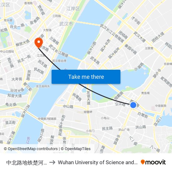 中北路地铁楚河汉街站 to Wuhan University of Science and Technology map