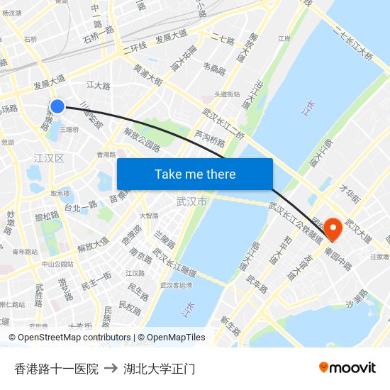 香港路十一医院 to 湖北大学正门 map
