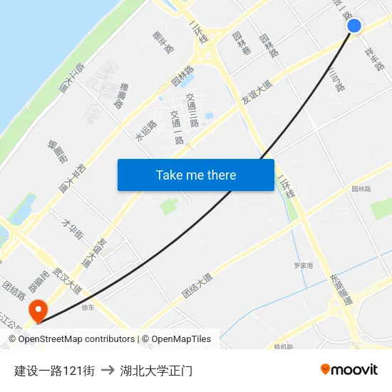 建设一路121街 to 湖北大学正门 map