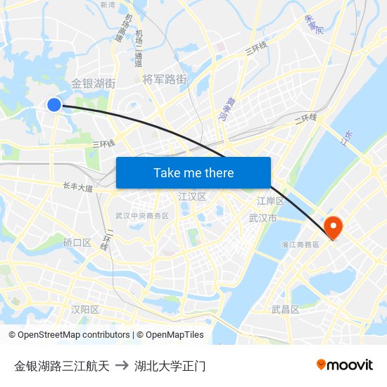 金银湖路三江航天 to 湖北大学正门 map