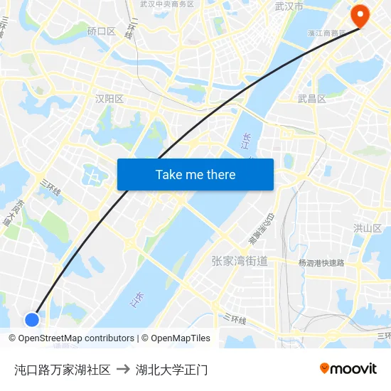 沌口路万家湖社区 to 湖北大学正门 map