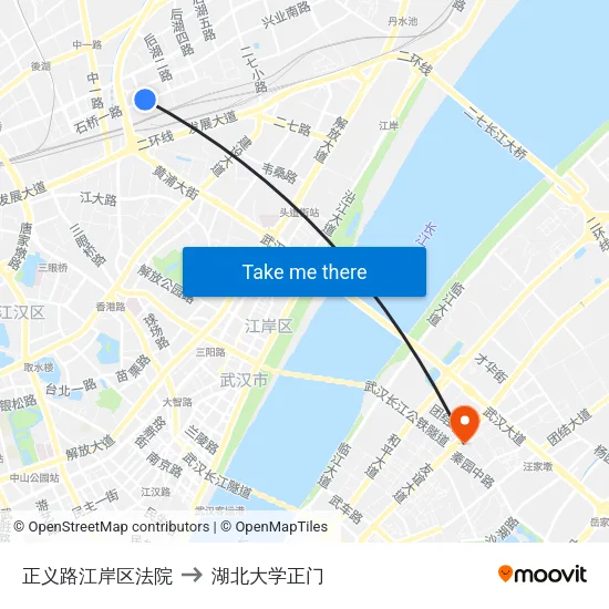 正义路江岸区法院 to 湖北大学正门 map