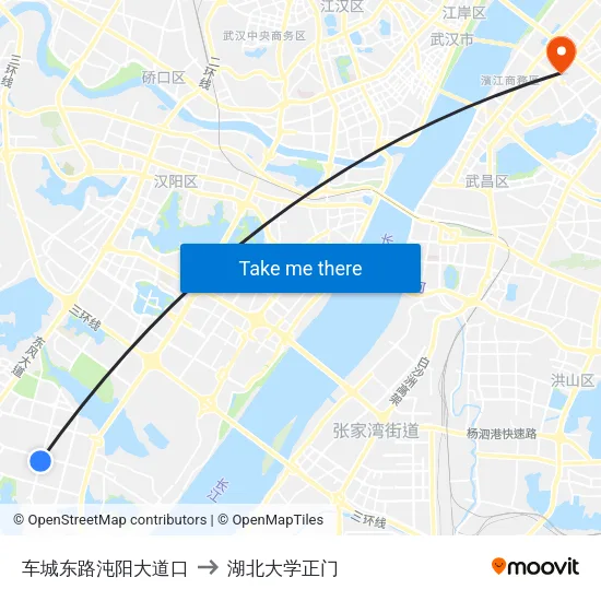 车城东路沌阳大道口 to 湖北大学正门 map