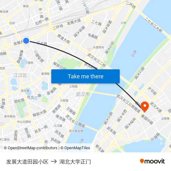 发展大道田园小区 to 湖北大学正门 map