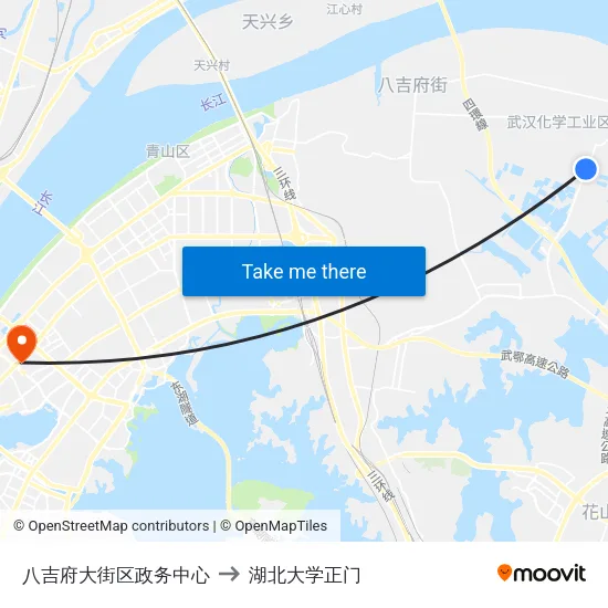 八吉府大街区政务中心 to 湖北大学正门 map