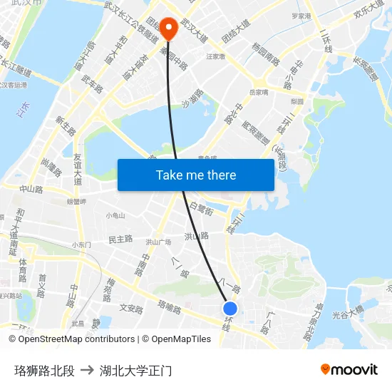 珞狮路北段 to 湖北大学正门 map