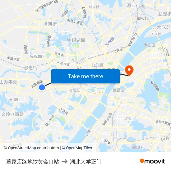 董家店路地铁黄金口站 to 湖北大学正门 map
