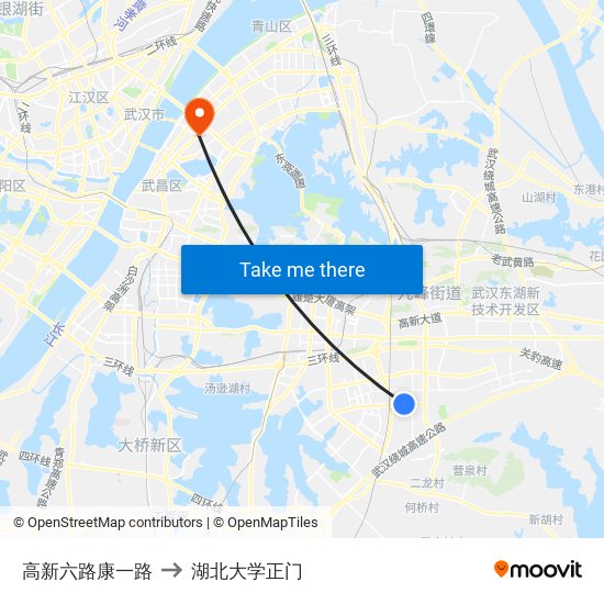 高新六路康一路 to 湖北大学正门 map