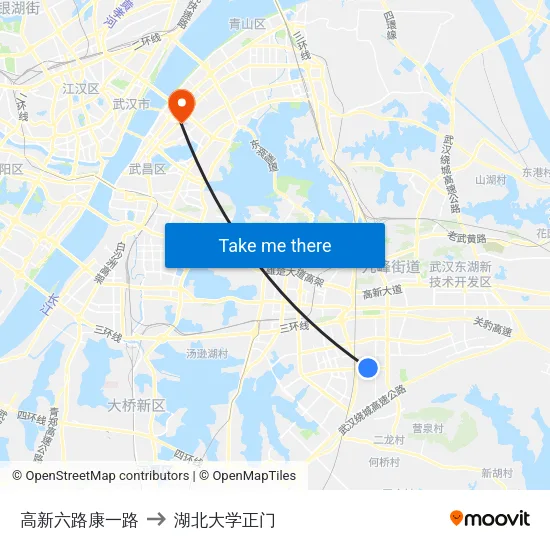 高新六路康一路 to 湖北大学正门 map