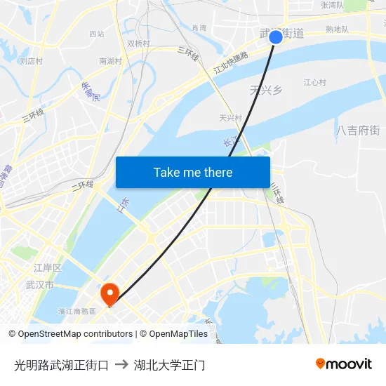 光明路武湖正街口 to 湖北大学正门 map